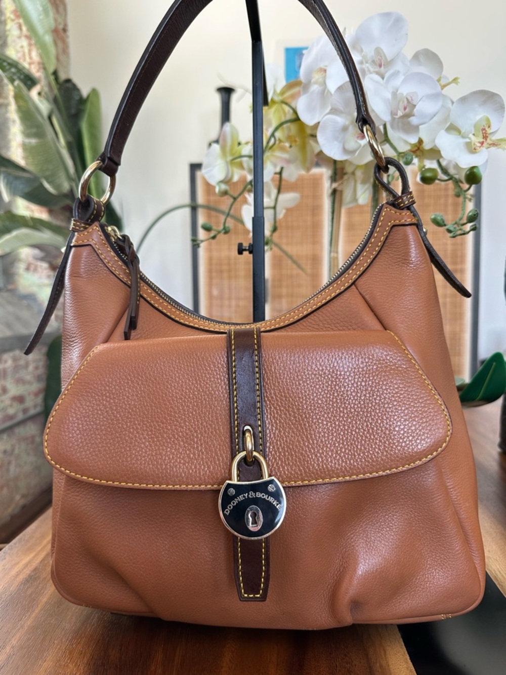 Dooney & Bourke Pebbled Leather Shoulder Bag Brown Tan Hobo Lock Logo Purse $398